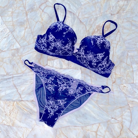 2 Piece Matching Set: 32B Very Sexy Blue lace Bra + Small Bikini
